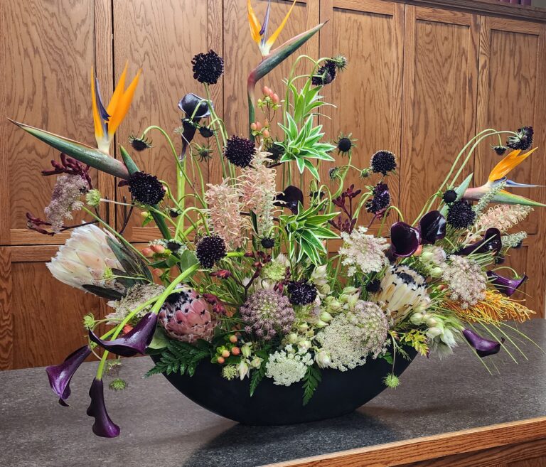 Large Memorial Arrg. Scabiosa, Protea, Kangaroo Paw, Queens Annes Lace, Calla Lily